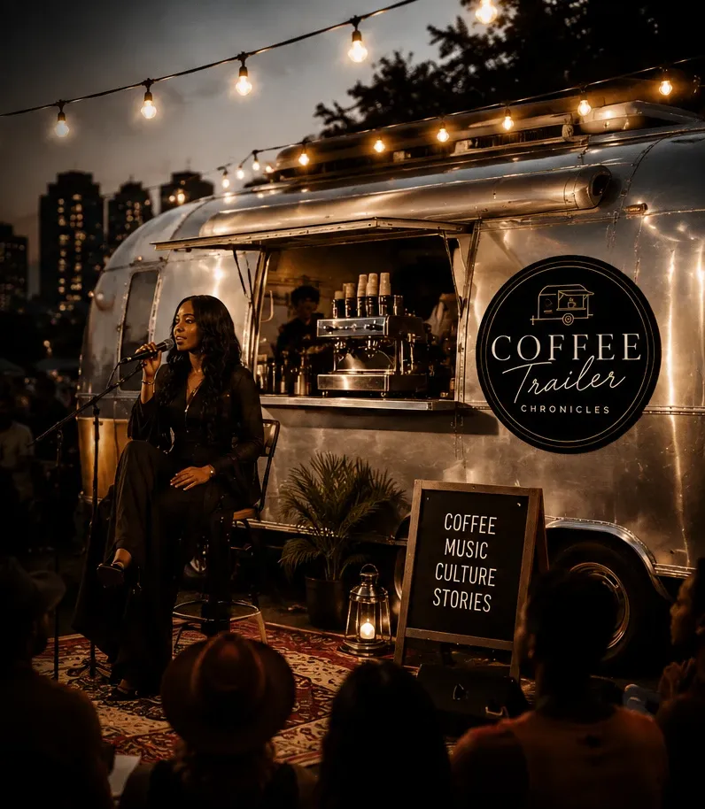 A live acoustic session at the Coffee Trailer Chronicles trailer, string lights overhead and a city skyline in the background